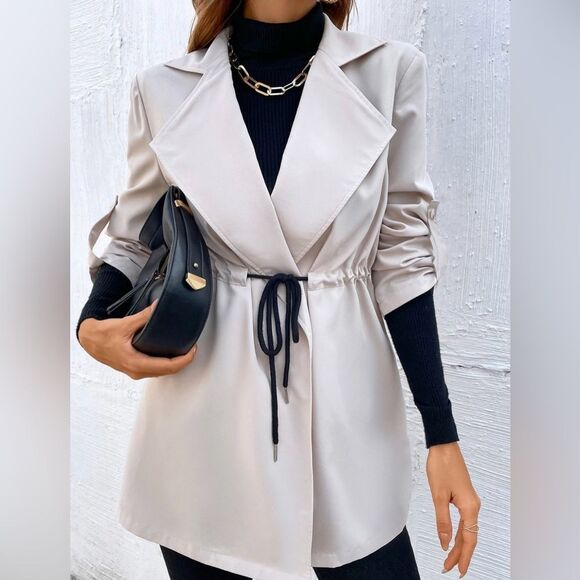 Lapel collar roll tab drawstring waist trench coat with pockets size large - Picture 5 of 11